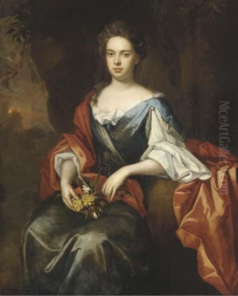 Portrait Of A Lady, 
Three-quarter-length, In A Blue And Red Dress And Holding A Bouquet Of 
Flowers Oil Painting by Sir Godfrey Kneller