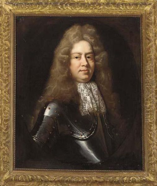 Portrait Of A Gentleman, Half-length, In A Lace Jabot And Armour, In A Feigned Oval Oil Painting by Sir Godfrey Kneller