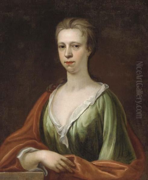 Portrait Of A Lady, Bust-length, In A Green Dress And Red Wrap Oil Painting by Sir Godfrey Kneller