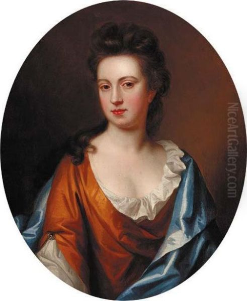 Portrait Of A Lady, Half-length, In A Gold Dress With A Blue Wrap, Feigned Oval Oil Painting by Sir Godfrey Kneller