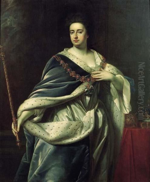 Ritratto Della Regina Anna Di Inghilterra A Due Terzi Di Figura Oil Painting by Sir Godfrey Kneller