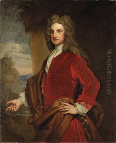 Portrait Of Sir John Rushout, 
4th Bt. (1684-1775),three-quarter-length, In A Red Coat And Brown Wrap, 
In A Woodedlandscape Oil Painting by Sir Godfrey Kneller