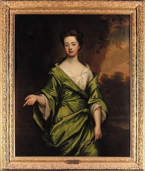 Portrait Of Mrs Harris, 
Three-quarter-length, In A Green Dress,seated In A Wooded Landscape Oil Painting by Sir Godfrey Kneller