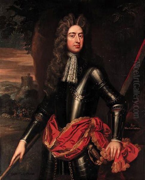 Portrait Of An Officer, 
Three-quarter-length, In Armour, With A Redsash, Holding A Baton, A 
Cavalry Skirmish Below A Castlebeyond Oil Painting by Sir Godfrey Kneller