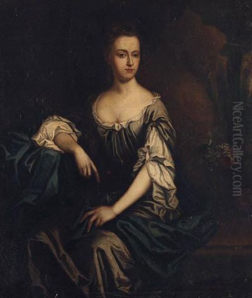 Portrait Of Isabella, Lady 
Lowther, Seated Three-quarter-length, Ina Grey Dress And Blue Shawl, A 
Landscape Beyond Oil Painting by Sir Godfrey Kneller