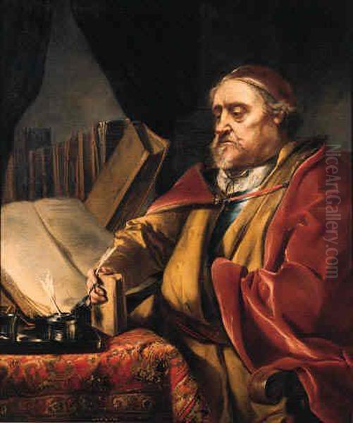 A Scholar, Seated Three-quarter Length At A Desk Oil Painting by Sir Godfrey Kneller