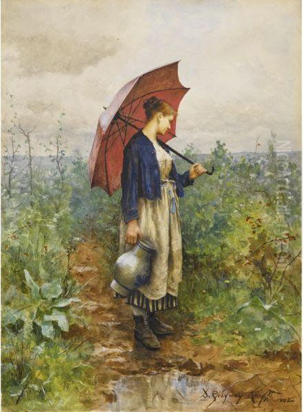 Portrait Of A Woman With Umbrella Gathering Water Oil Painting by Daniel Ridgway Knight