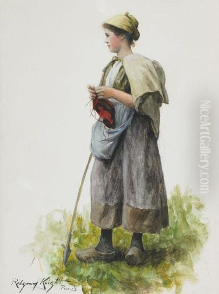 Farm Girl Knitting Oil Painting by Daniel Ridgway Knight