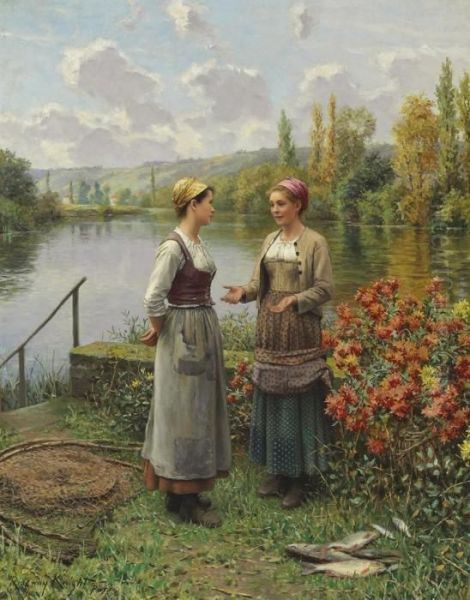 Two Women In A Landscape Oil Painting by Daniel Ridgway Knight