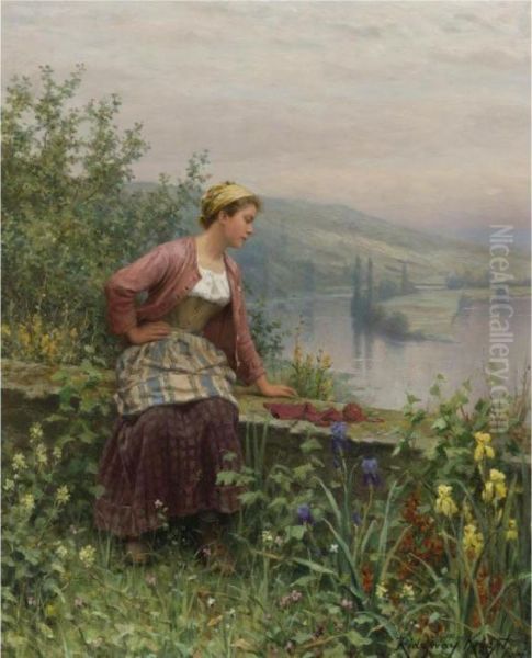 Brittany Girl Overlooking A Stream Oil Painting by Daniel Ridgway Knight