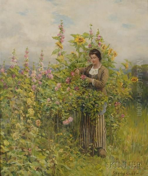 Woman Tending Hollyhocks. Oil Painting by Daniel Ridgway Knight