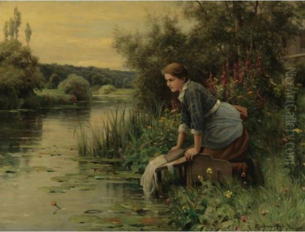 Laundress By The Water's Edge Oil Painting by Daniel Ridgway Knight