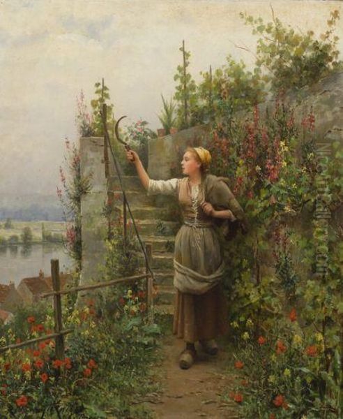 In The Garden/a Young Woman With A Scythe Oil Painting by Daniel Ridgway Knight