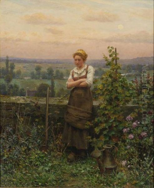 After The Day's Chores/a Young Woman Leaning Against The Garden Wall Oil Painting by Daniel Ridgway Knight