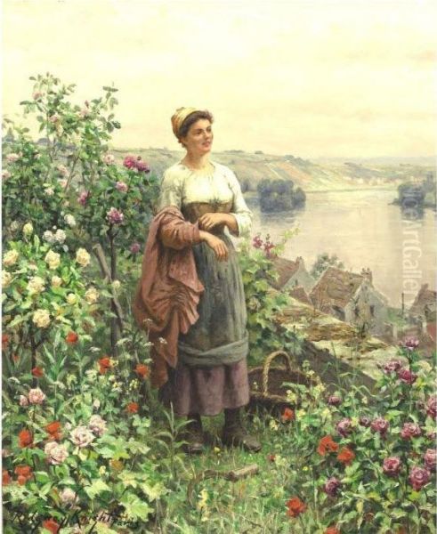 Woman In A Field Oil Painting by Daniel Ridgway Knight