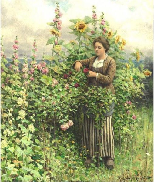 Woman Cutting Flowers Oil Painting by Daniel Ridgway Knight