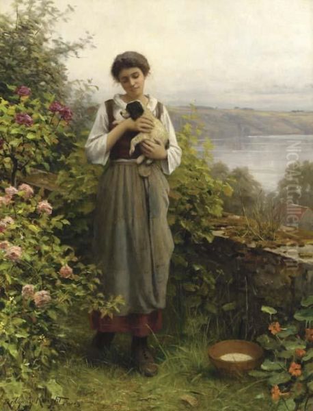 A Young Girl Holding A Puppy Oil Painting by Daniel Ridgway Knight