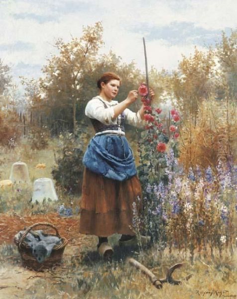 Tying Up The Hollyhocks Oil Painting by Daniel Ridgway Knight