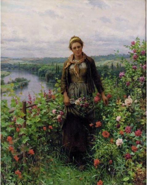 A Maid In Her Garden Oil Painting by Daniel Ridgway Knight