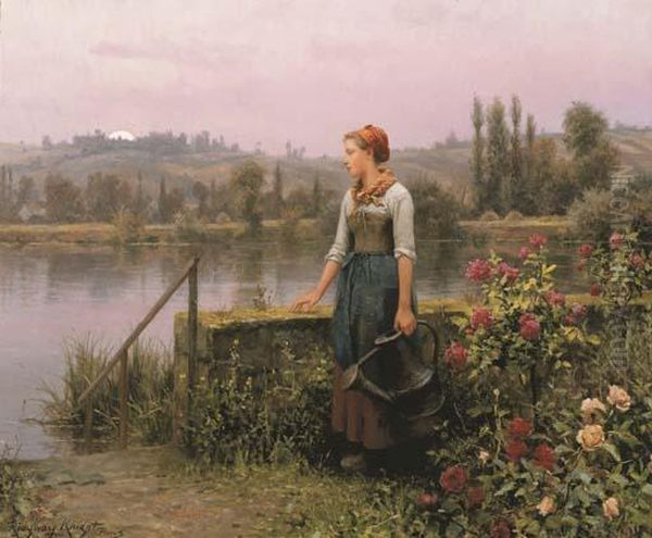 A Woman With A Watering Can By The River Oil Painting by Daniel Ridgway Knight