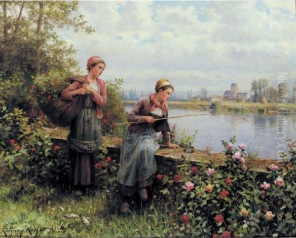 Maria And Madeleine Fishing Oil Painting by Daniel Ridgway Knight