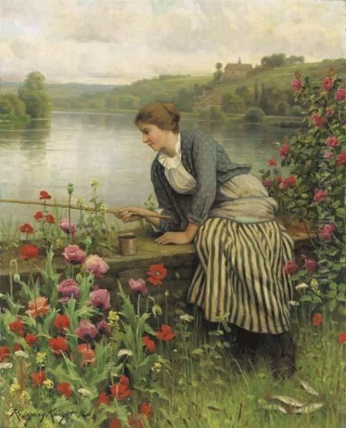 A Breton Girl Fishing Oil Painting by Daniel Ridgway Knight