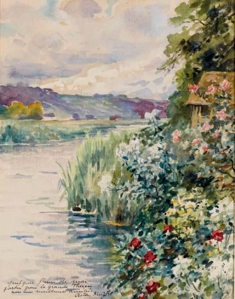 Fleurs Et Roseaux Au Bord D'une Riviere, Des Collines I L'arriere-plan Oil Painting by Louis Aston Knight