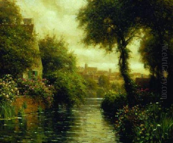 Cottage Along A Canal With Village In The Distance Oil Painting by Louis Aston Knight