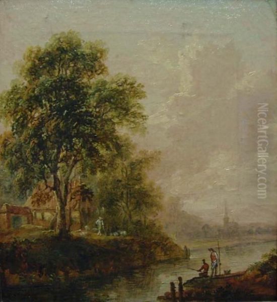 Flusslandschaft Mit Anglern Und Schafhirten Oil Painting by Ferdinand Kobell