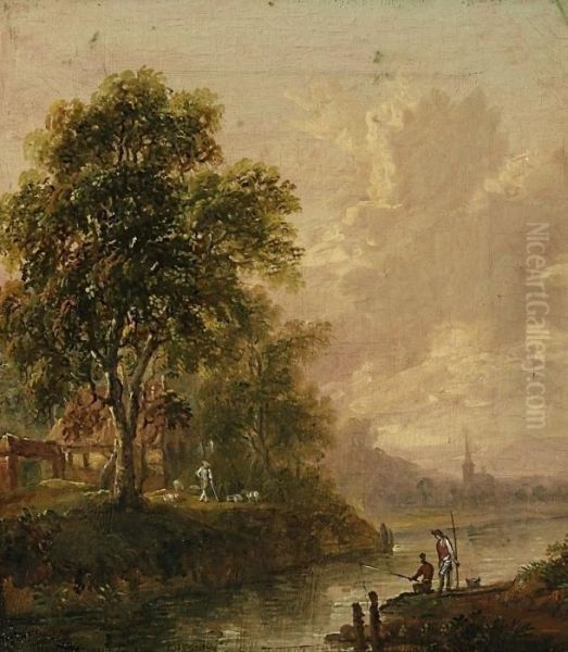 Summerly Riverlandscape With Fishermen And Shepherd Oil Painting by Ferdinand Kobell