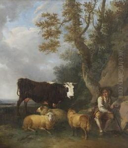 Hirte Mit Schafen Und
 Kuhen Oil Painting by Ferdinand Kobell