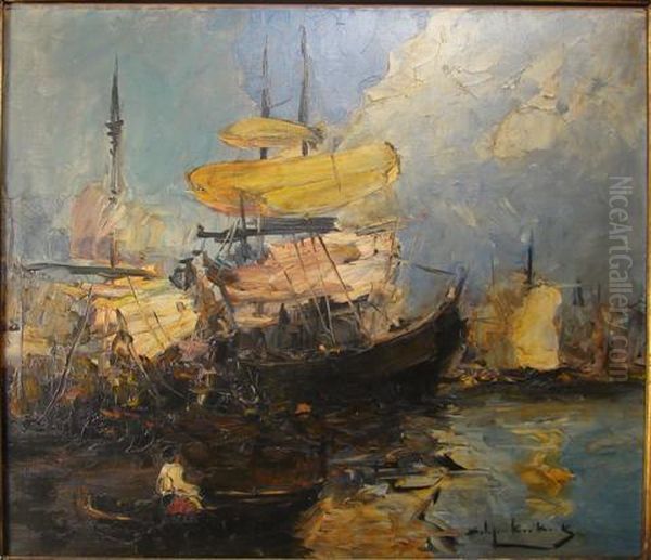 Harbour Scene Oil Painting by Stephen Koek Koek