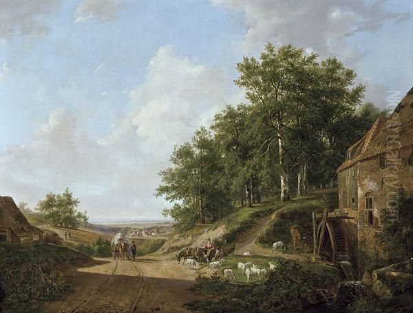 Personnages Et Troupeau Pres D'un Moulin A Eau Dans Un Paysage Vallonne Oil Painting by Barend Cornelis Koekkoek