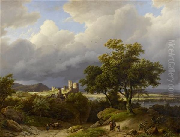 Broad River Landscape With Travellers And Ruin In The Background Oil Painting by Barend Cornelis Koekkoek