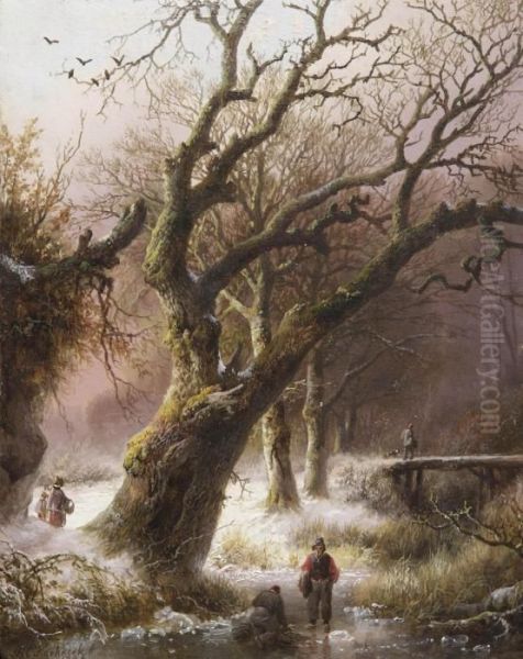 A Winter Landscape With Wood Gatherers Near A Large Oak Oil Painting by Barend Cornelis Koekkoek