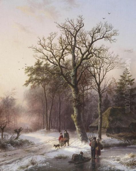 A Winter Landscape With Figures On A Path And Figures With A Sleighon The Ice Oil Painting by Barend Cornelis Koekkoek