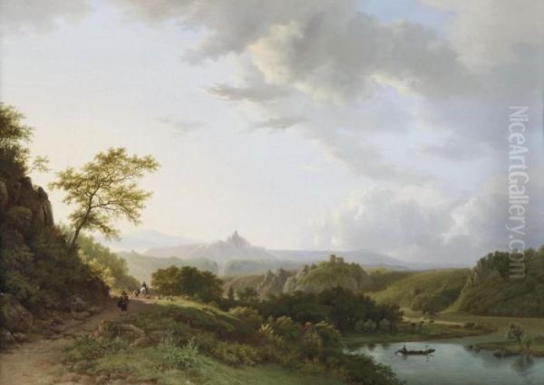 A Panoramic Summer Landscape With Travellers And A Castle Ruin Inthe Distance Oil Painting by Barend Cornelis Koekkoek