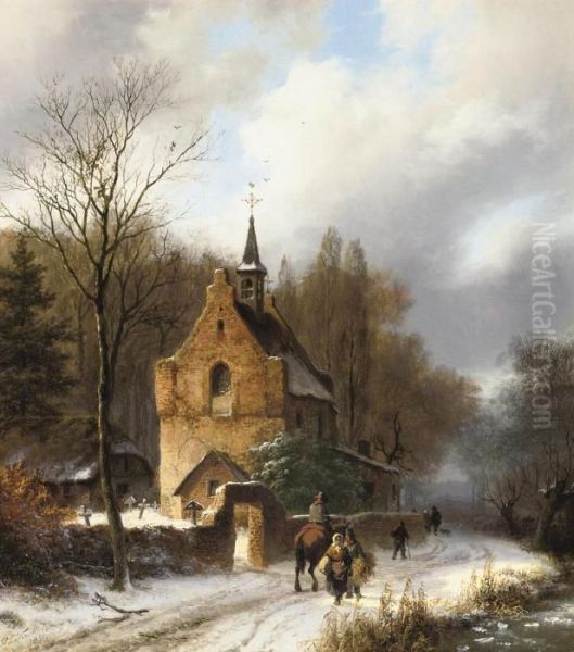 A Winter Landscape With A Chapel, A Horseman And Travellers On Apath Oil Painting by Barend Cornelis Koekkoek