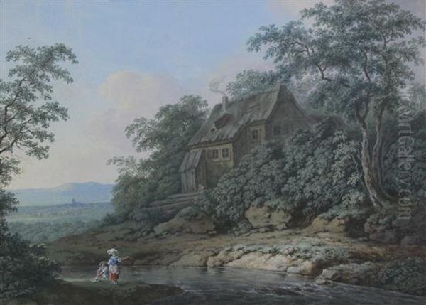 Landscape With Figures Beside A River Oil Painting by Barend Cornelis Koekkoek