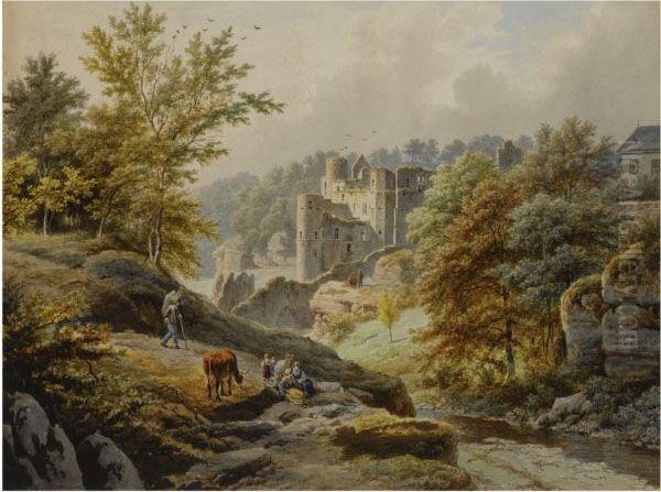 A View On Beaufort Castle, Luxembourg Oil Painting by Barend Cornelis Koekkoek