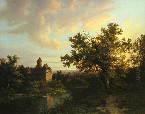 An Extensive Landscape With A Castle In The Distance Oil Painting by Barend Cornelis Koekkoek