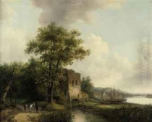 Figures By A Watermill Oil Painting by Barend Cornelis Koekkoek