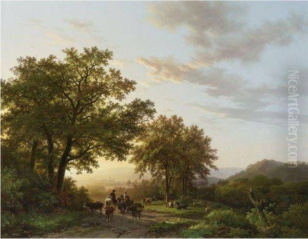 Travellers With Cattle And Donkeys On A Sunlit Path In A Rhenishpanoramic Landscape Oil Painting by Barend Cornelis Koekkoek