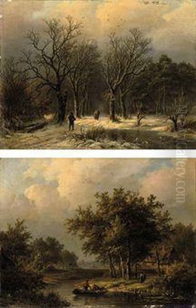 Figures On A Snow Covered Path Oil Painting by Barend Cornelis Koekkoek