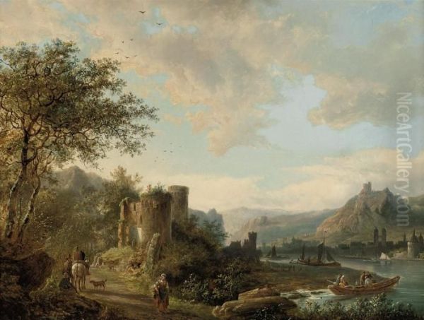 At The River Ferry Oil Painting by Barend Cornelis Koekkoek