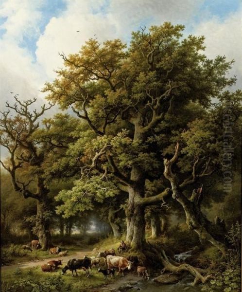 A Wooded Landscape With A Herdsman And His Cattle Resting Under Anoak Tree Oil Painting by Barend Cornelis Koekkoek