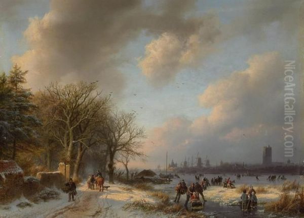 Skaters On A Waterway Oil Painting by Barend Cornelis Koekkoek