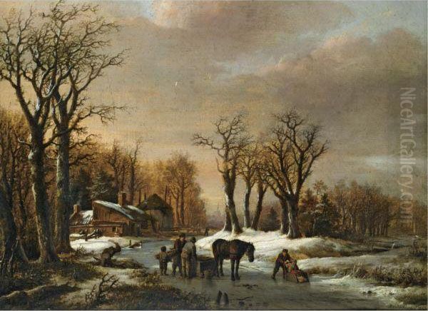 A Winter Landscape With Skaters And Figures By A Horse Sledge On The Ice Oil Painting by Barend Cornelis Koekkoek