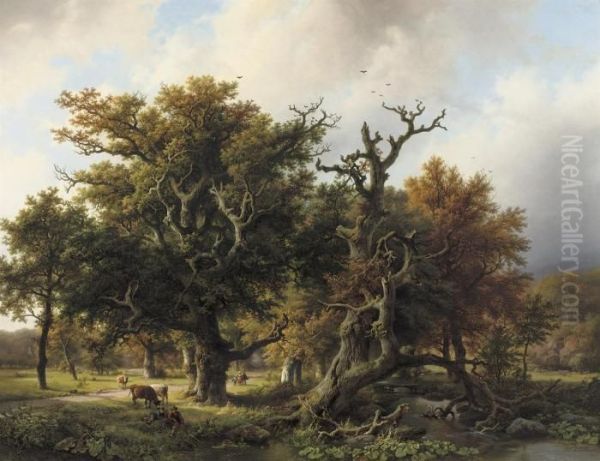 A Wooded Landscape With An Angler And Cattle Grazing Oil Painting by Barend Cornelis Koekkoek