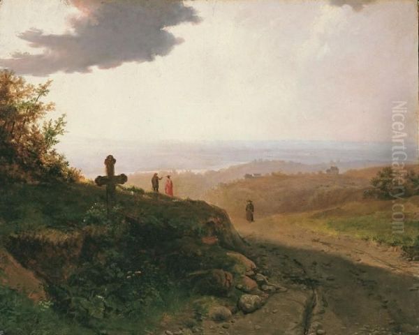 Rheinlandschaft Mit Kreuz Und Wanderern Oil Painting by Barend Cornelis Koekkoek